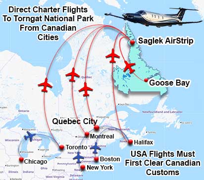 Map showing flight routes to Saglek Airstrip in Northern Labrador