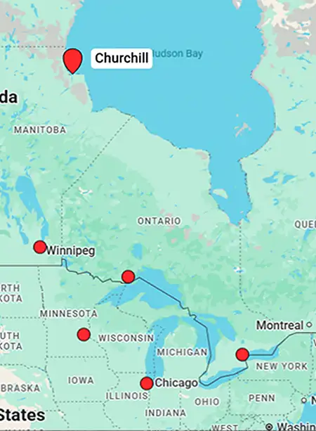 Map showing charter flight routes from Winnipeg to Churchill