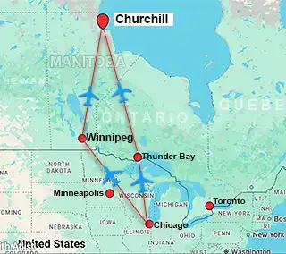 Map showing charter flight routes from Chicago to Minneapolis