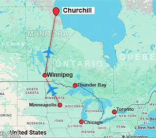 Map showing charter flight routes from Minneapolis to Churchill