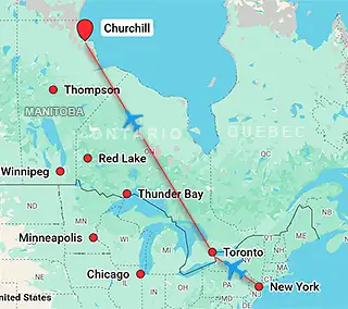 Map showing charter flight routes from New York to Churchill