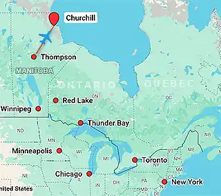 Map showing charter flight routes from Thompson to Churchill
