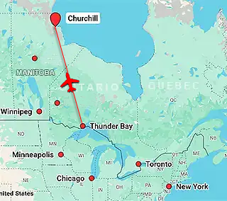 Map showing charter flight routes from Thunder Bay to Churchill