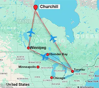Map showing charter flight routes from Toronto to Churchill