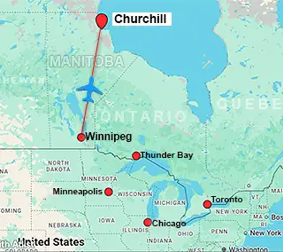Map showing charter flight routes from Winnipeg to Churchill