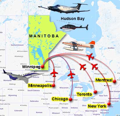 Manitoba flight map showing travel routing via Winnipeg to northern fly-in lodges
