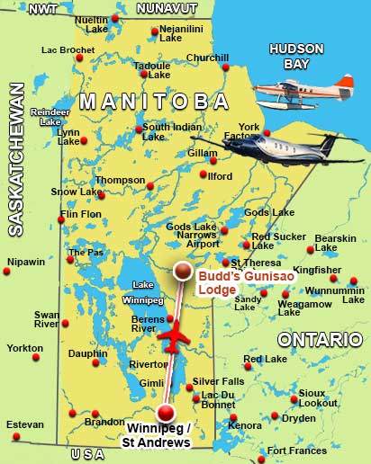 Map showing the location of Gunisao Lake Lodge in Manitoba
