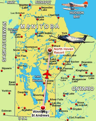 Map showing the location of North Haven Resort on Utik Lake in northern Manitoba